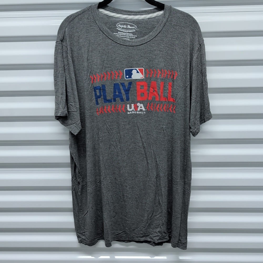 Majestic Threads Size 2X Mens MLB Play Ball USA Baseball Graphic T-Shirt Gray